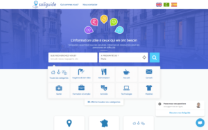 Sur la page d'accueil du site Soliguide.fr, le chat s'affiche en bas à droite de l'écran.