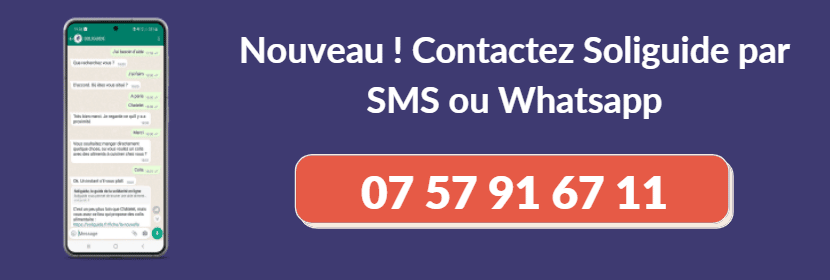 Image du numéro de téléphone Soliguide avec un exemple de conversation Whats'App type sur un téléphone.